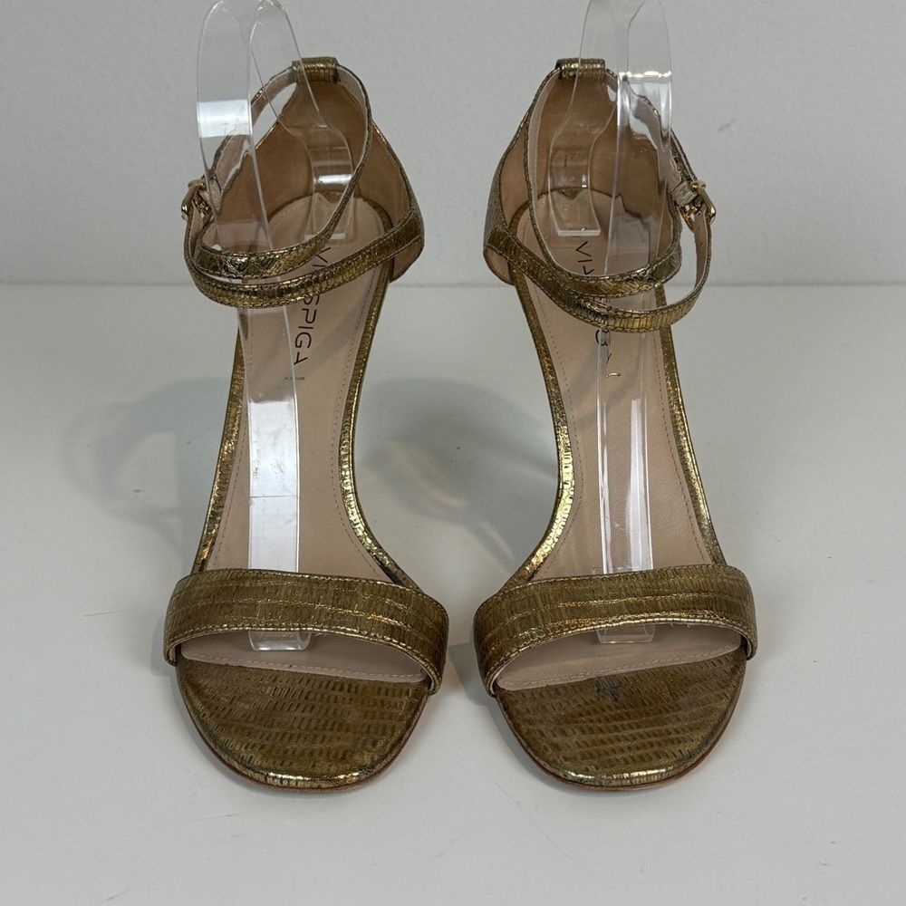 Via Spiga Gold Strappy Snakeskin Embossed Leather Heels 10 - Picture 2 of 10